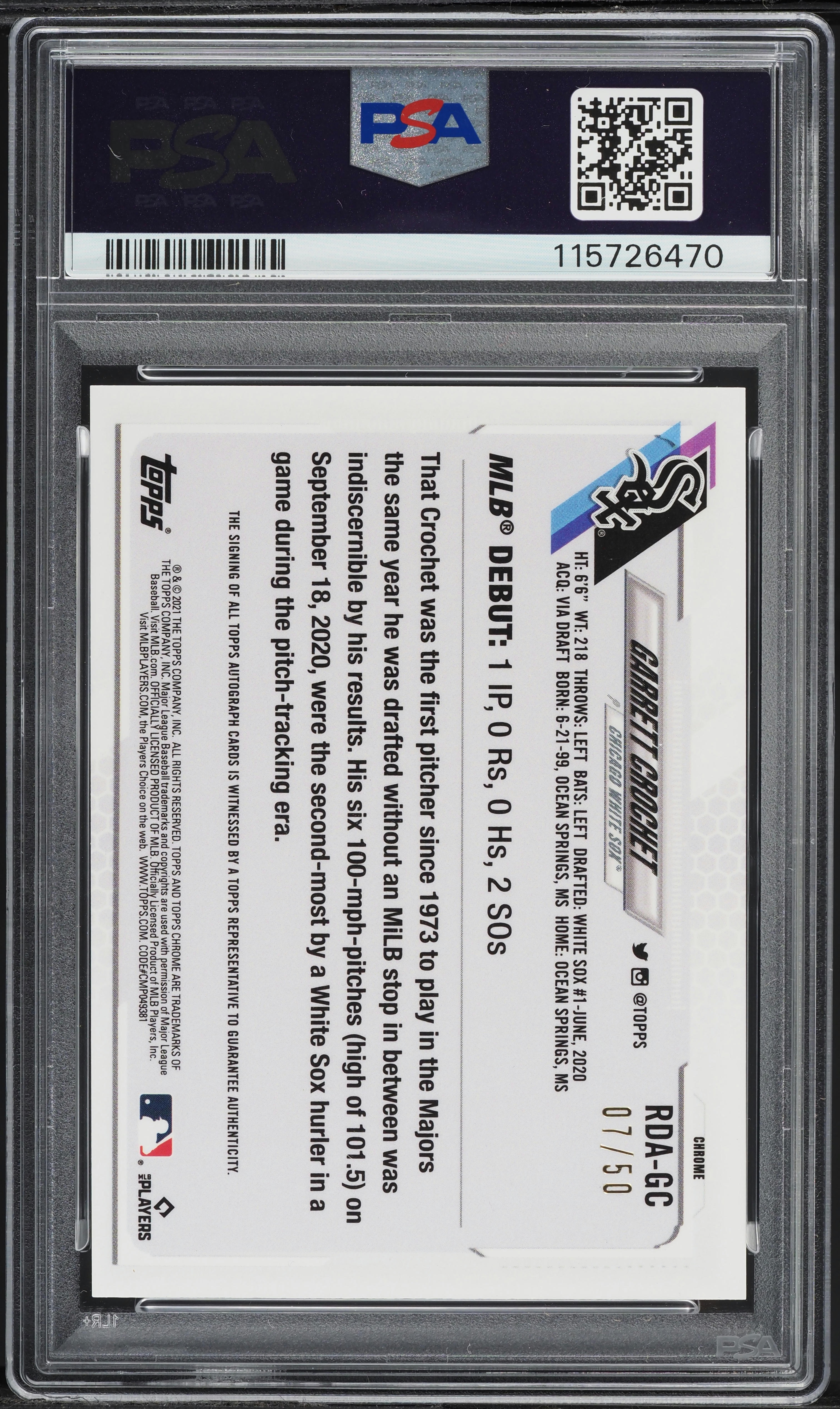 ASTRO サナ 握手券 2021 Topps Chrome Gold Ref Garrett Crochet ROOKIE AUTO /50 #GC PSA