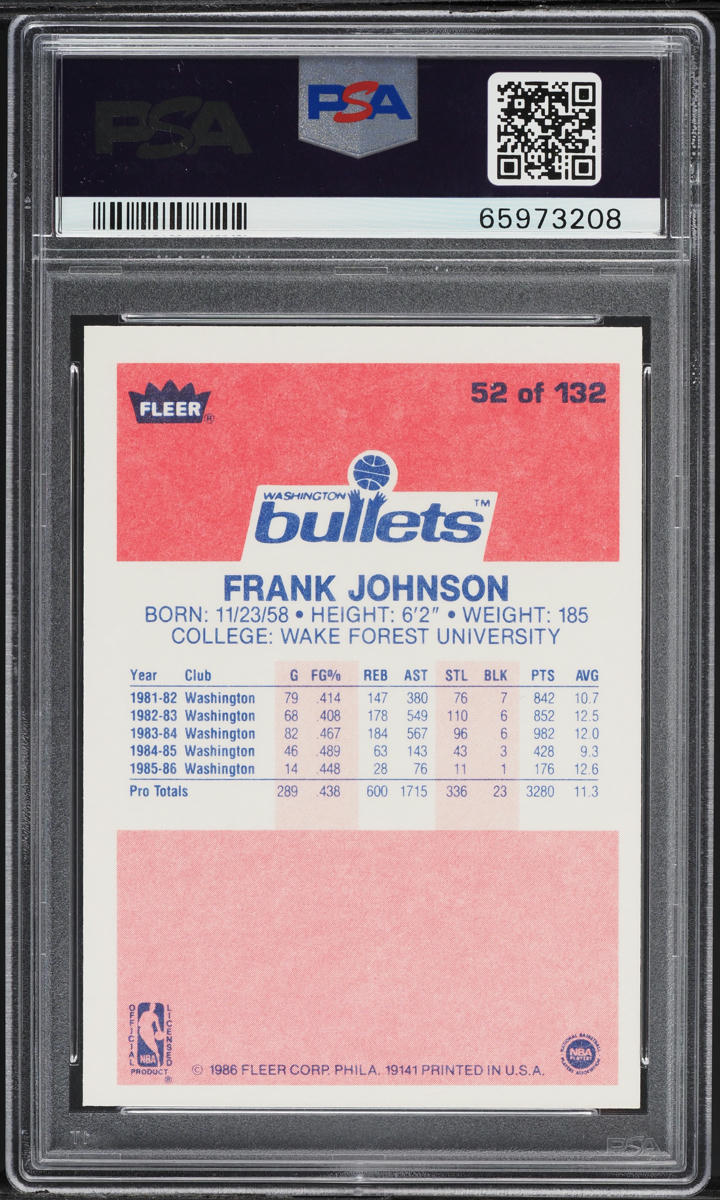 1986 Fleer Basketball Frank Johnson #52 PSA 10 GEM MINT