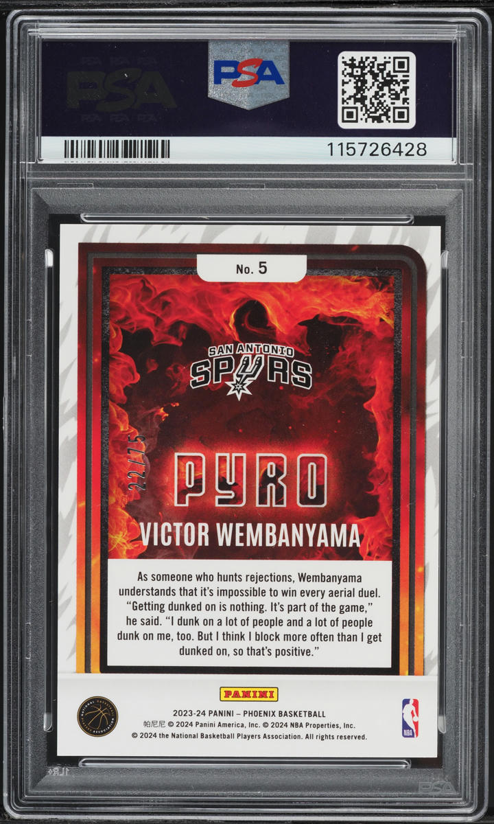 2023 Panini Phoenix Pyro Red International Victor Wembanyama ROOKIE /75 #5 PSA 8