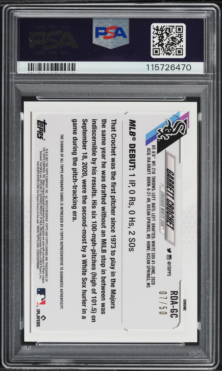 2021 Topps Chrome Gold Ref Garrett Crochet ROOKIE AUTO /50 #GC PSA