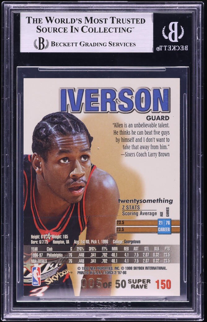 1997 Skybox Z-Force Super Rave Allen Iverson /50 #150 BGS 8.5 NM-MT+