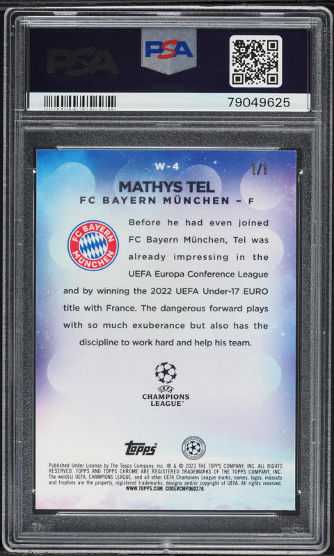 2022 Topps Chrome UEFA CC Wonderkids Superfractor Mathys Tel 1/1