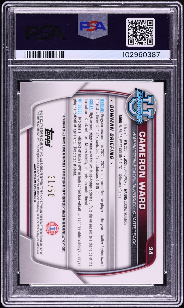 2022 Bowman University Chrome Gold Ref Cameron Ward PROSPECT AUTO /50 #34 PSA 9