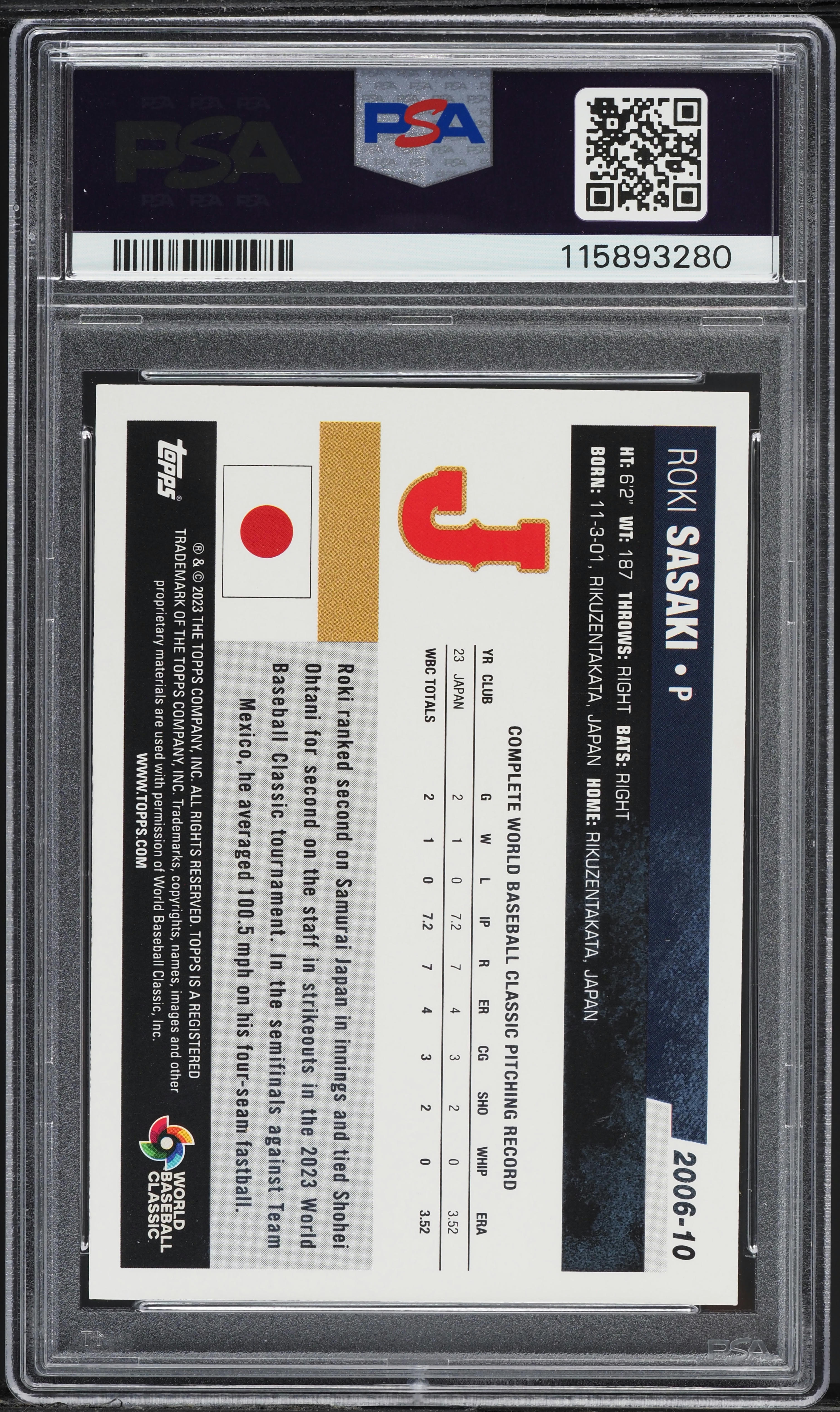 2023 Topps WBC 2006 '06 Orange Cracked Ice Roki Sasaki /25 #2006