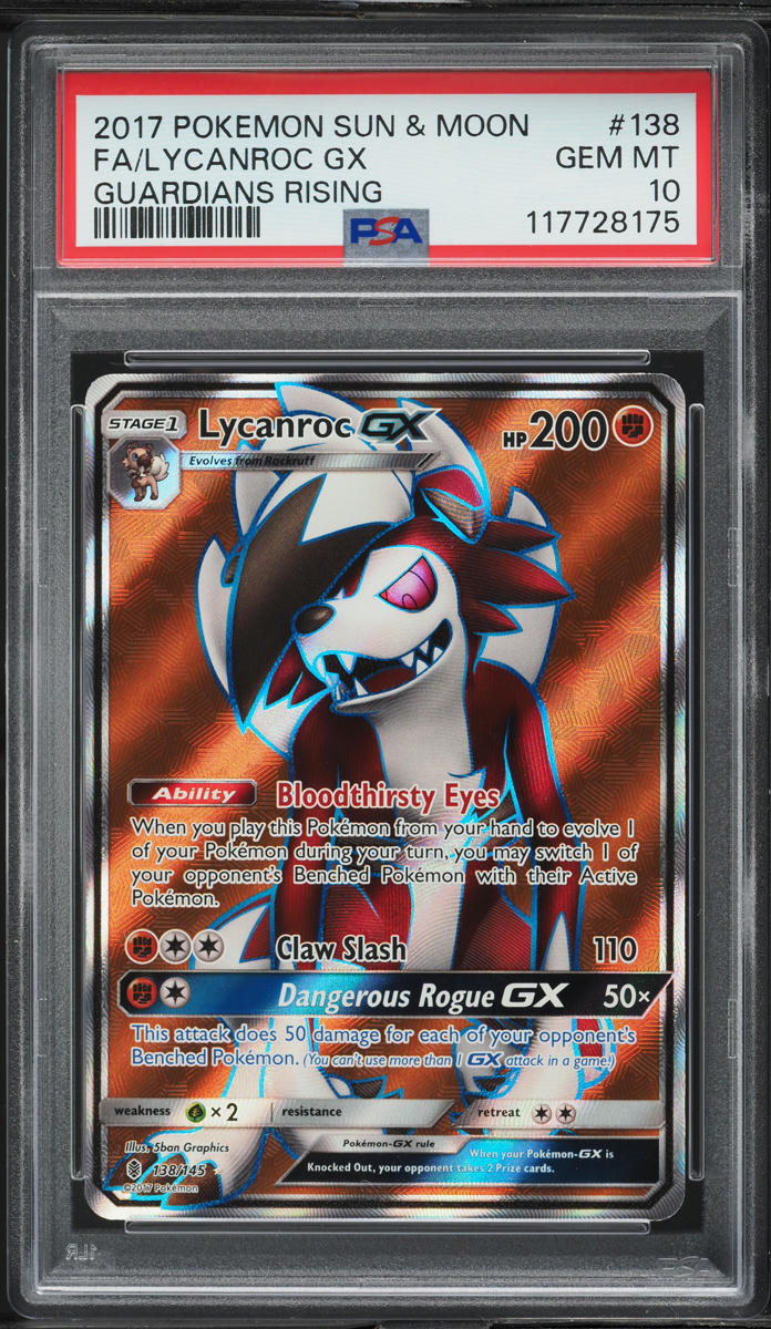 2017 Pokemon Sun & Moon Guardians Rising Full Art Lycanroc GX PSA 10 GEM MINT