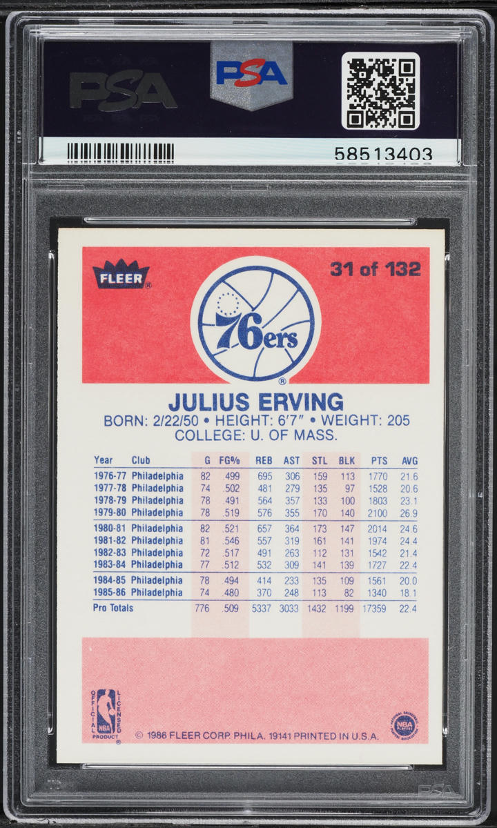 1986 Fleer Basketball Julius Erving #31 PSA 9 MINT