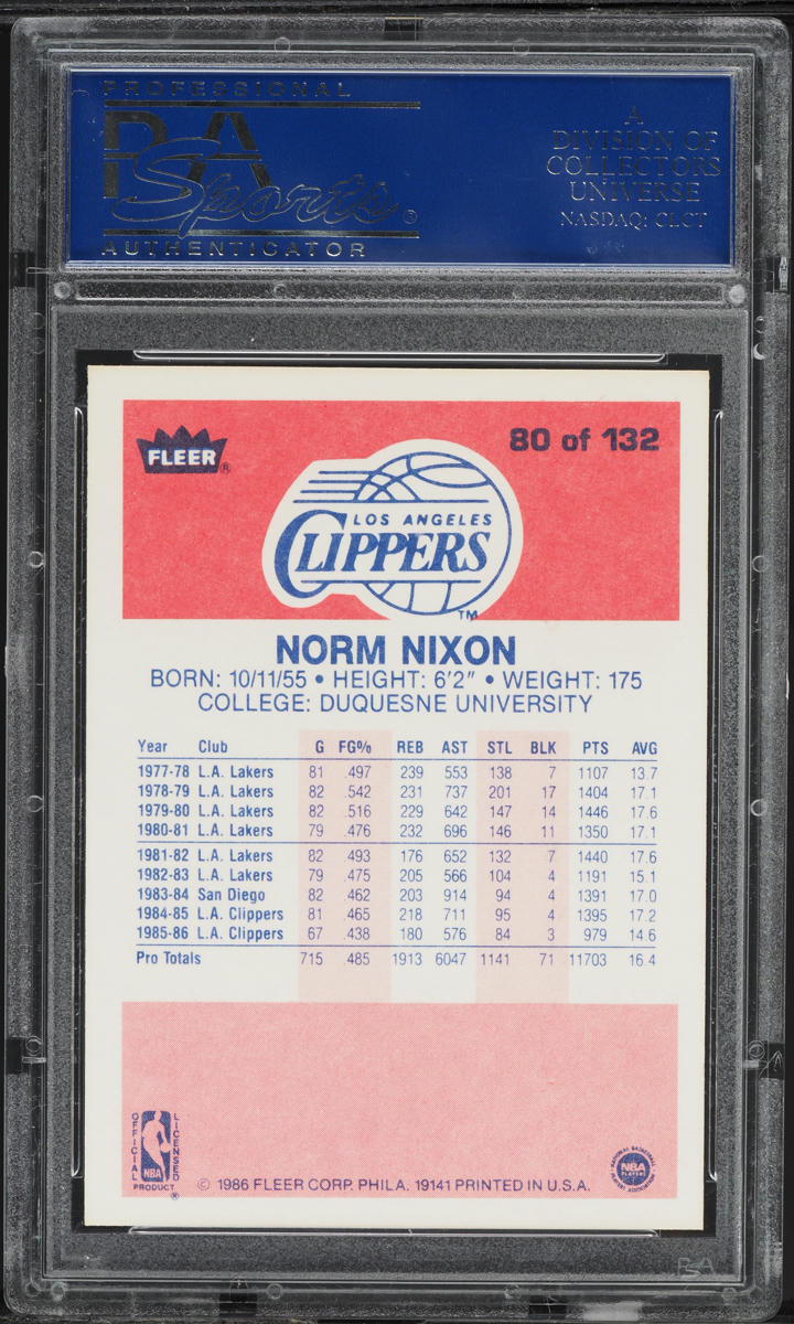 1986 Fleer Basketball Norm Nixon #80 PSA 9 MINT