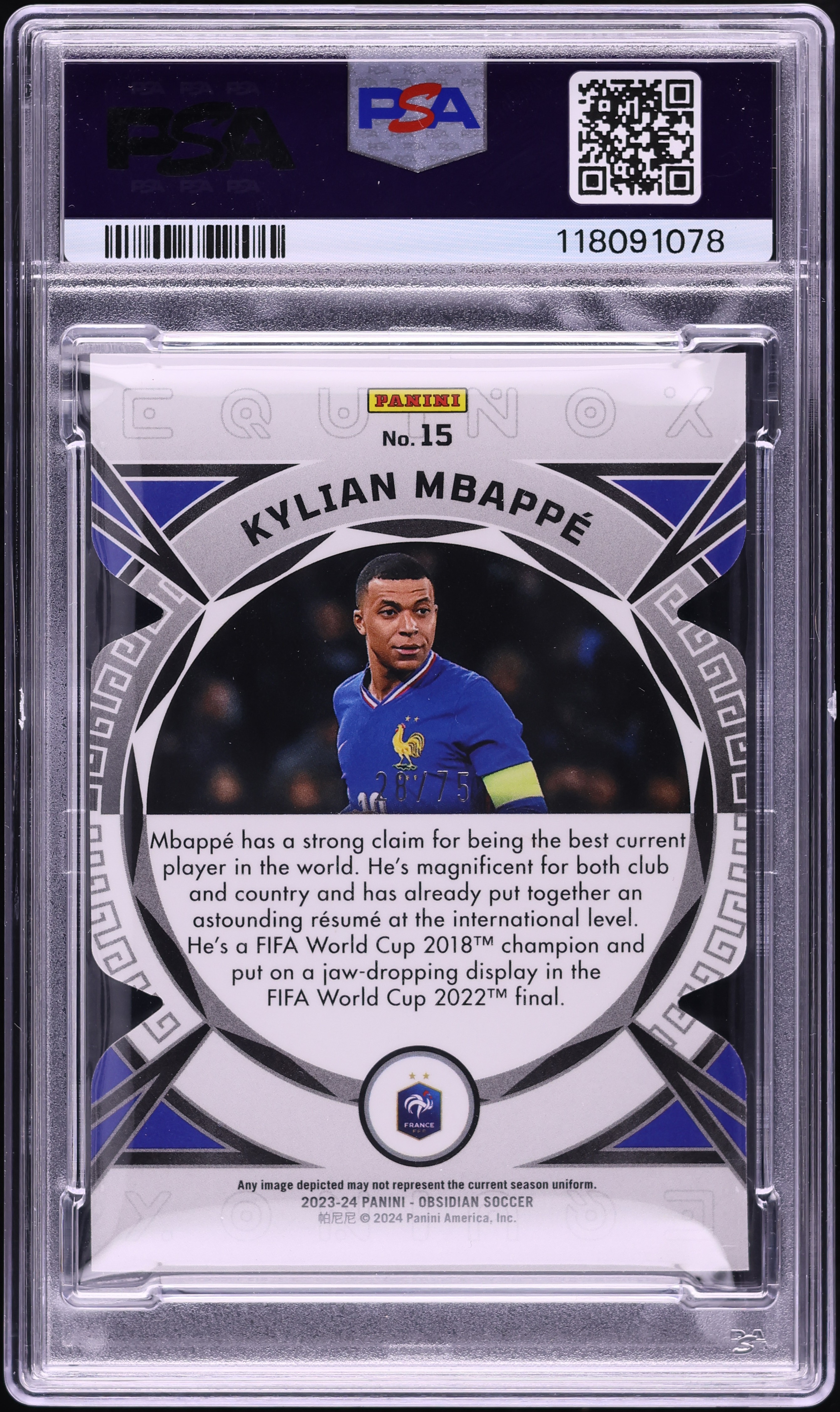 2023 Panini Obsidian Equinox EE Purple Kylian Mbappe /75 #15 PSA