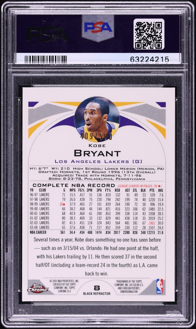 2004 Topps Chrome Black Refractor Kobe Bryant /500 #8 PSA 9 MINT