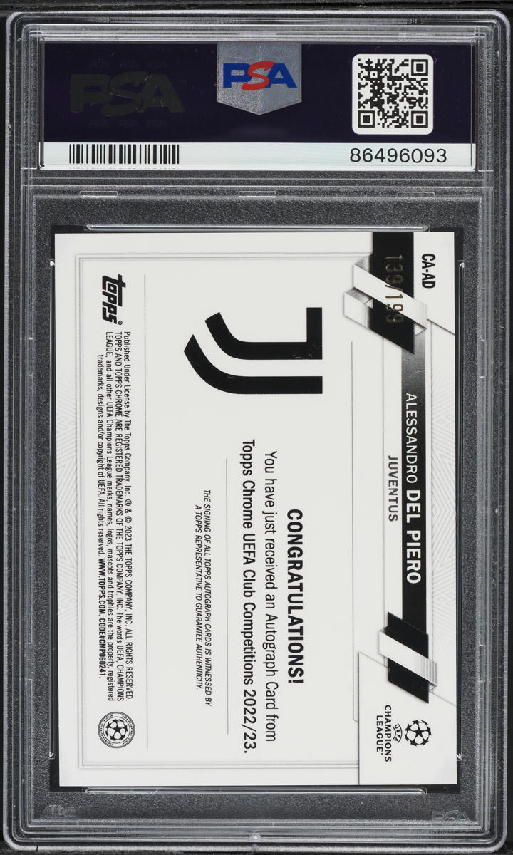 2022 Topps Chrome UEFA Aqua Ref Alessandro Del Piero AUTO /199 #AD PSA 10 GEM