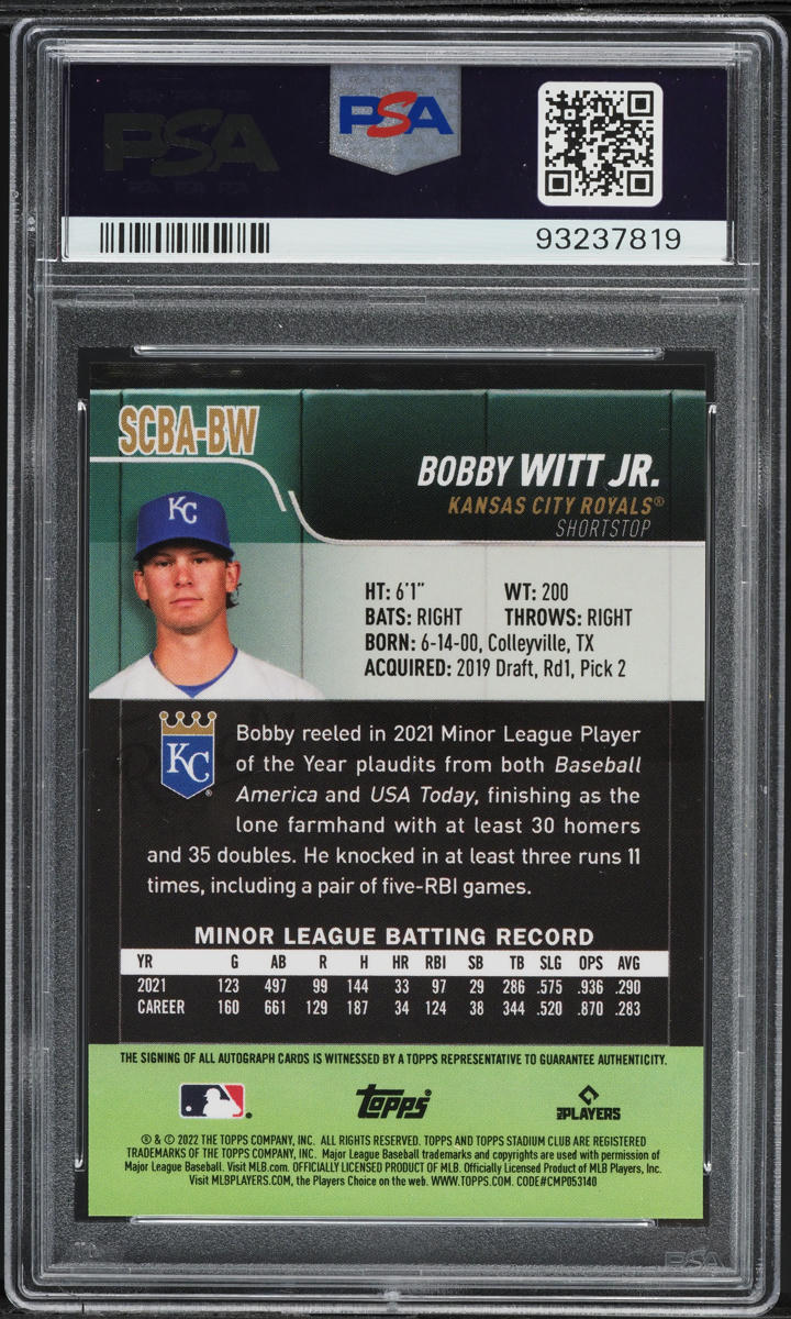 2022 Stadium Club Base Bobby Witt Jr. ROOKIE AUTO #SCBA-BW PSA 9 MINT