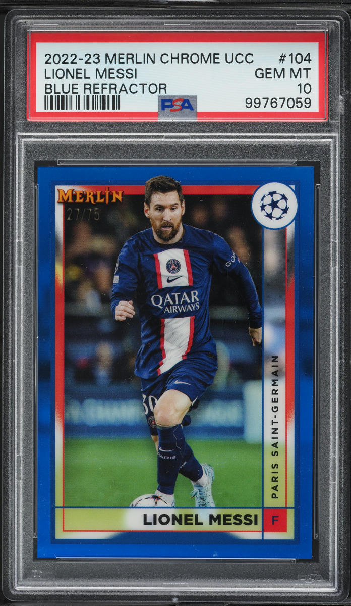 2022 Topps Merlin Chrome UEFA Club Competitions Blue Refractor Lionel Messi /75 #104 PSA 10 GEM