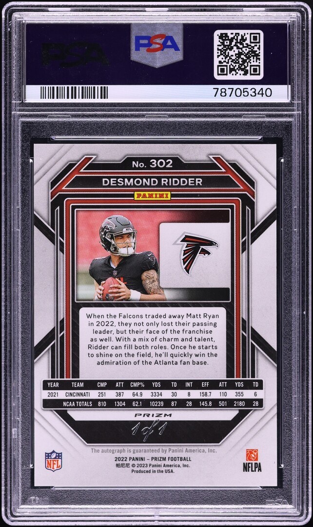 2022 Panini Prizm No Huddle Black Desmond Ridder RC AUTO DNA 10 1/1 #302 PSA 10