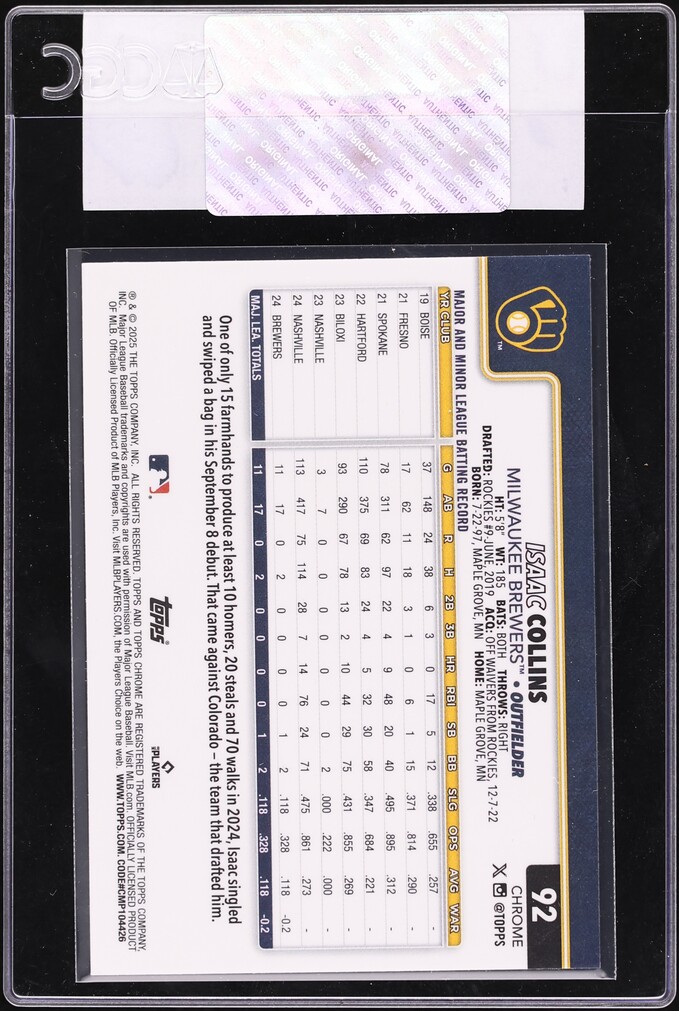 2025 Topps Chrome Purple RayWave Refractor Isaac Collins RC /250 #92 CGC AUTH