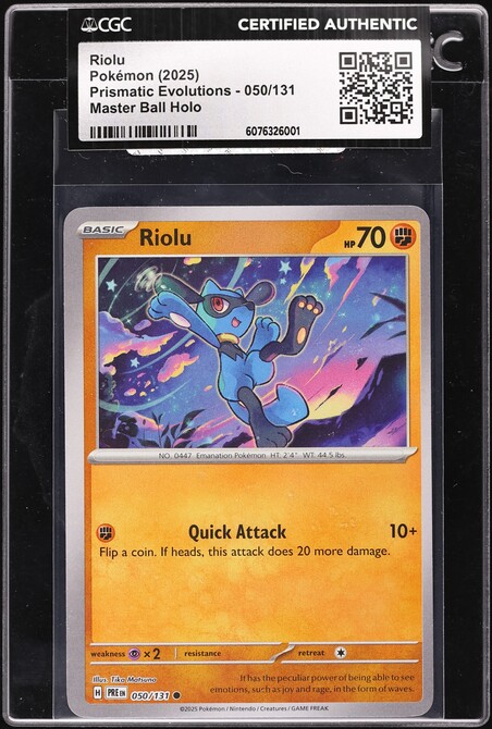 2025 Pokemon SV Prismatic Evolutions Master Ball Holo Riolu #50 CGC AUTH