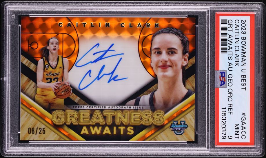 2023 Bowman U Best Greatness Awaits Geo Orange Caitlin Clark RC AUTO /25 PSA 9