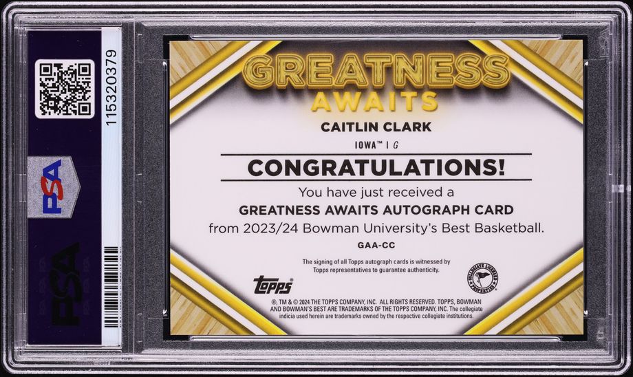 2023 Bowman U Best Greatness Awaits Geo Orange Caitlin Clark RC AUTO /25 PSA 9