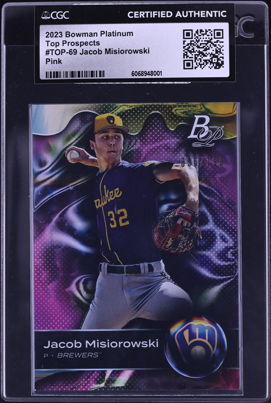 2023 Bowman Platinum Top Pink Jacob Misiorowski PROSPECT /199 #TOP-69 CGC AUTH