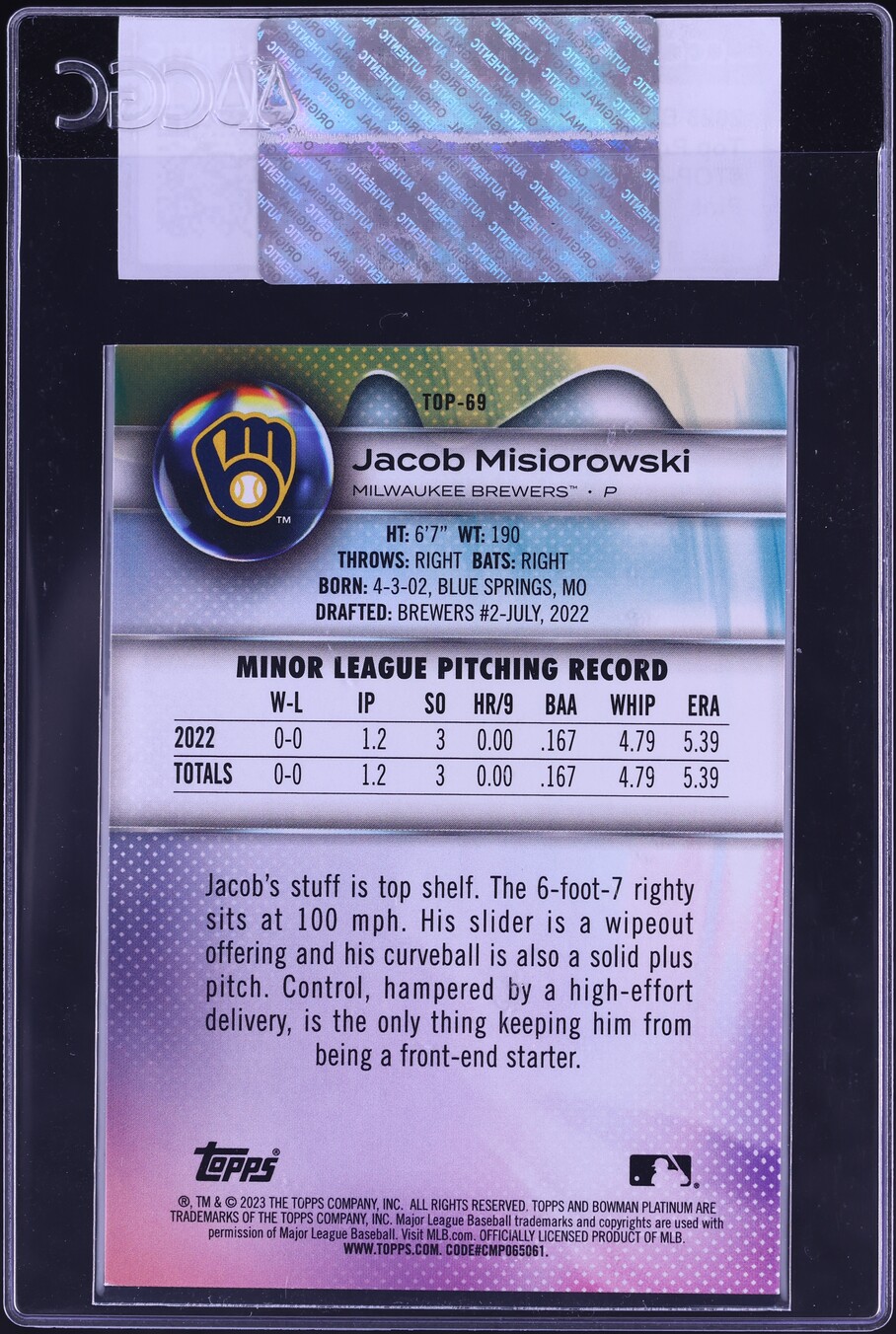 2023 Bowman Platinum Top Pink Jacob Misiorowski PROSPECT /199 #TOP-69 CGC AUTH