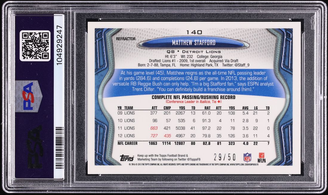 2013 Topps Chrome Gold Refractor Matthew Stafford /50 #140 PSA 9 MINT