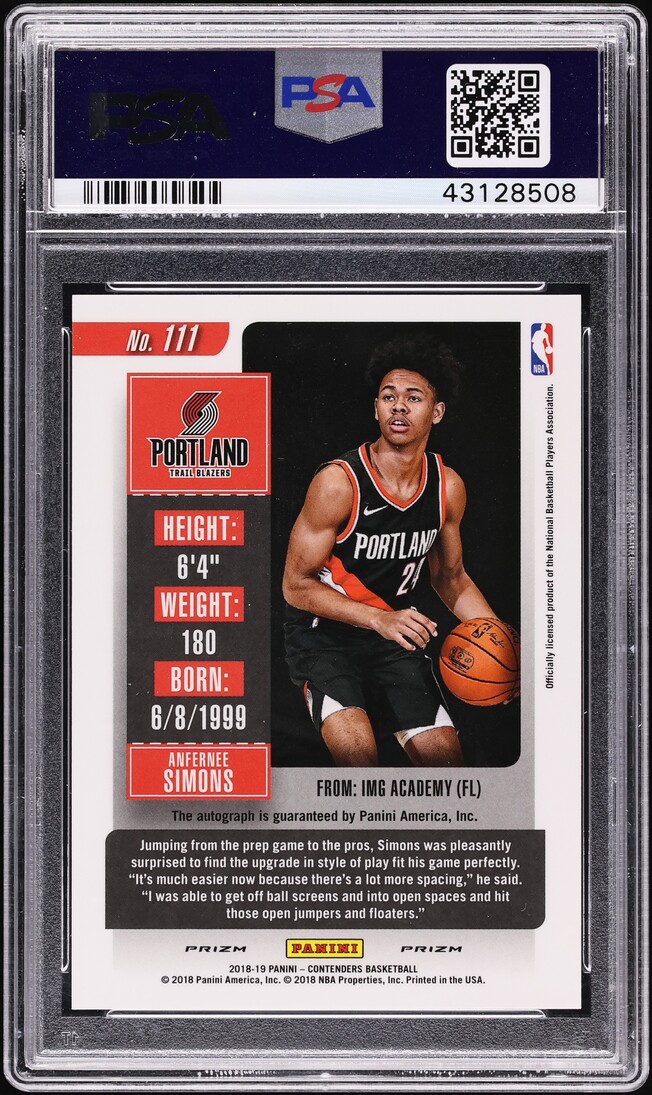 2018 Panini Contenders Premium Anfernee Simons ROOKIE AUTO #111 PSA 10 GEM MINT