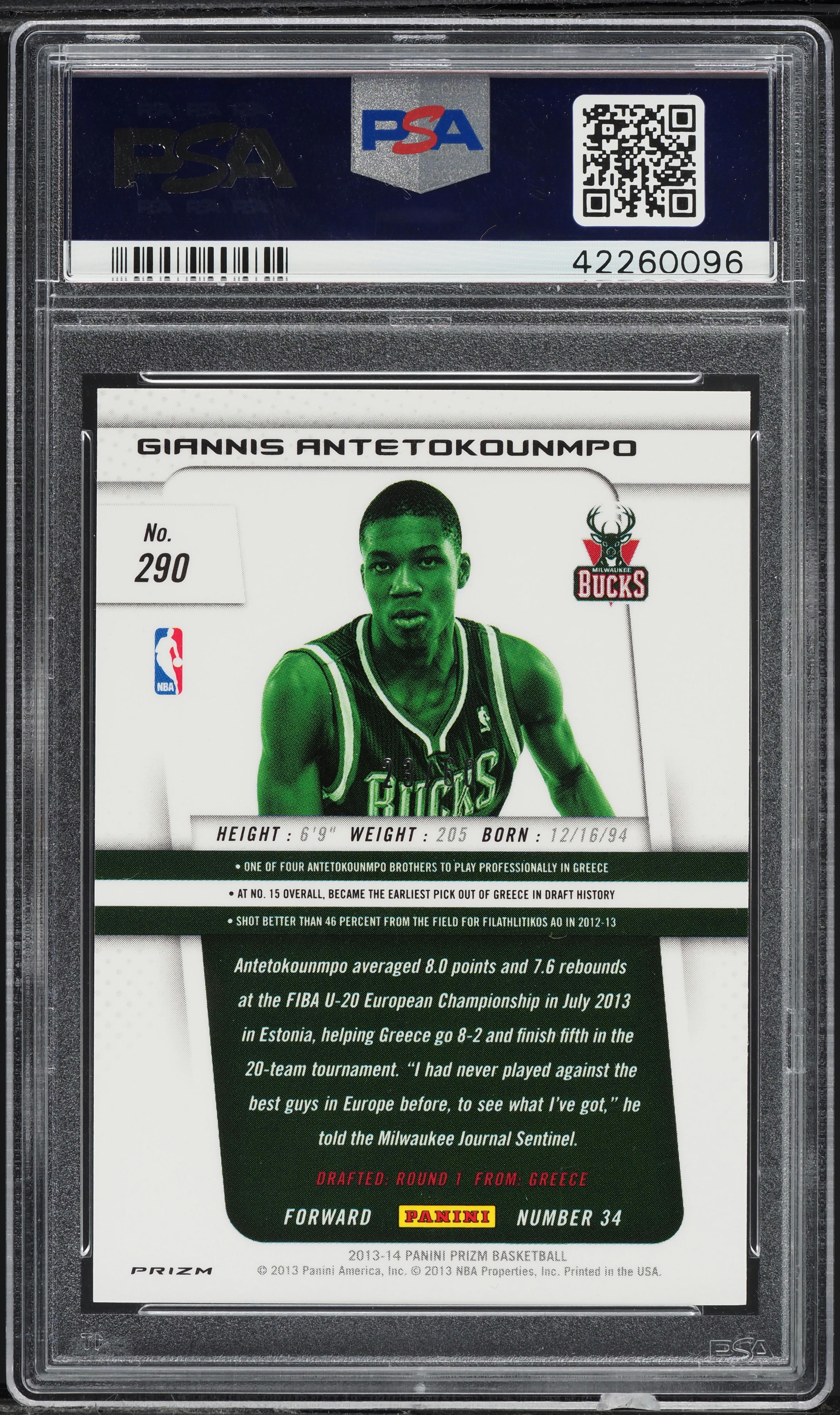 2013 Panini Prizm Orange Giannis Antetokounmpo ROOKIE /60 #290 PSA