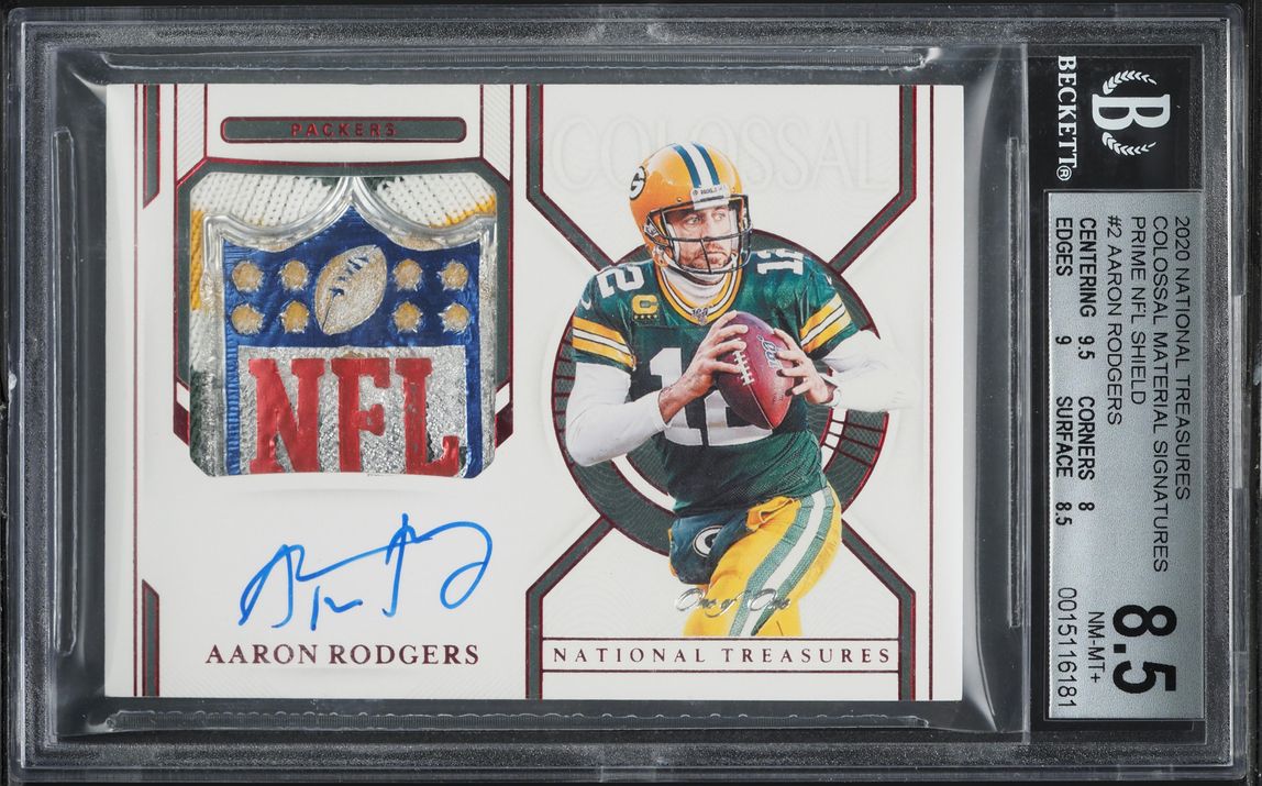 2020 National Treasures Colossal Prime NFL Aaron Rodgers PATCH AUTO 1/1 BGS 8.5