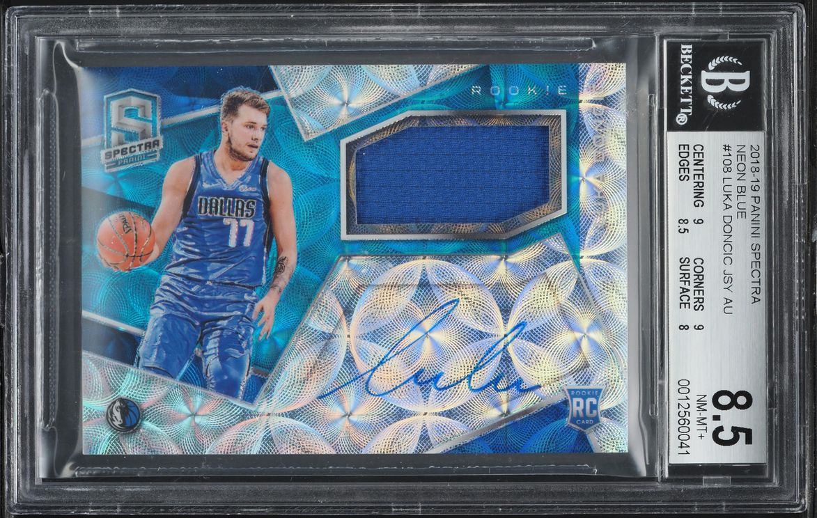 2018 Panini Spectra Neon Blue Luka Doncic ROOKIE PATCH AUTO /99 #108 BGS 8.5
