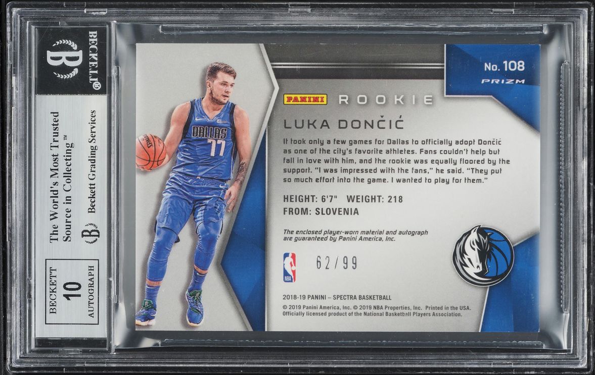 2018 Panini Spectra Neon Blue Luka Doncic ROOKIE PATCH AUTO /99 #108 BGS 8.5