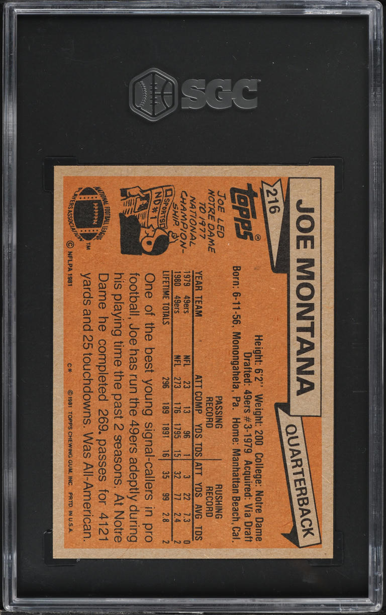 1981 Topps Football Joe Montana ROOKIE #216 SGC 7.5 NRMT+