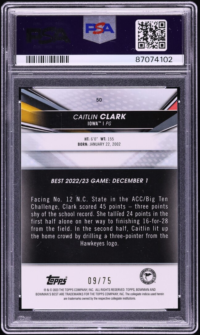 2022 Bowman U Best Gold Lava Refractor Caitlin Clark ROOKIE /75 #50 PSA 9 MINT