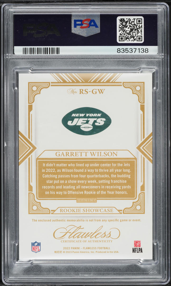 2022 Panini Flawless Showcase Ruby Garrett Wilson RC PATCH /15 #RSGW PSA 10 GEM