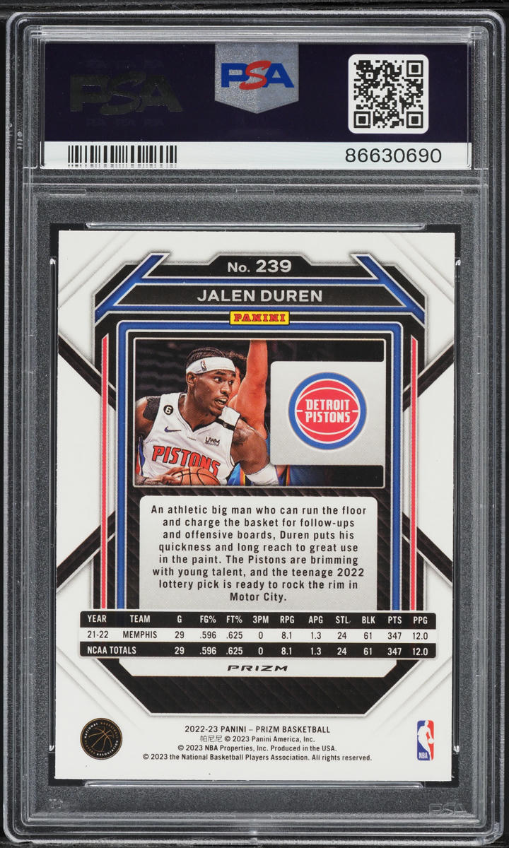 2022 Panini Prizm Hyper Jalen Duren ROOKIE #239 PSA 10 GEM MINT on