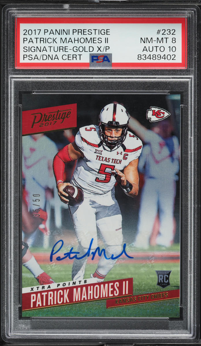 2017 Panini Prestige Gold X/P Patrick Mahomes II RC AUTO DNA 10 /50 #232 PSA 8