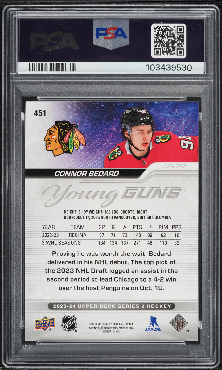 2023 Upper Deck Young Guns Connor Bedard ROOKIE #451 PSA 10 GEM MINT