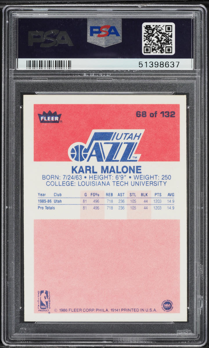 1986 Fleer Basketball Karl Malone ROOKIE #68 PSA 9 MINT