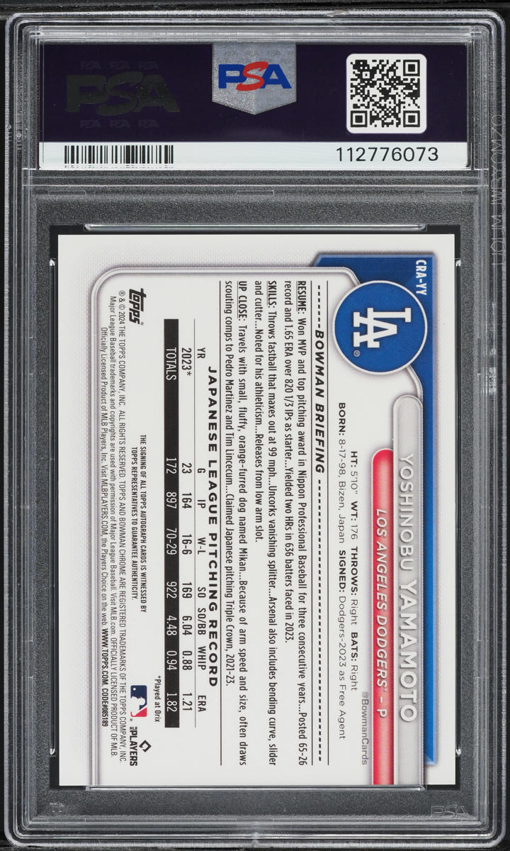 2024 Bowman Chrome Yoshinobu Yamamoto ROOKIE AUTO #CRA-YY PSA 9 MINT