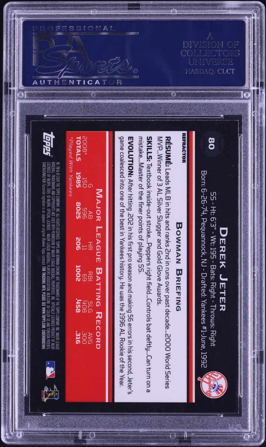 2009 Bowman Chrome Refractor Derek Jeter #80 PSA 10 GEM MINT on