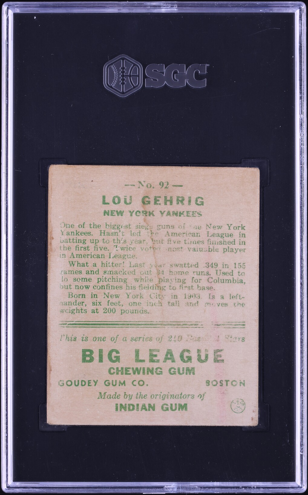 1933 Goudey Lou Gehrig #92 SGC AUTH