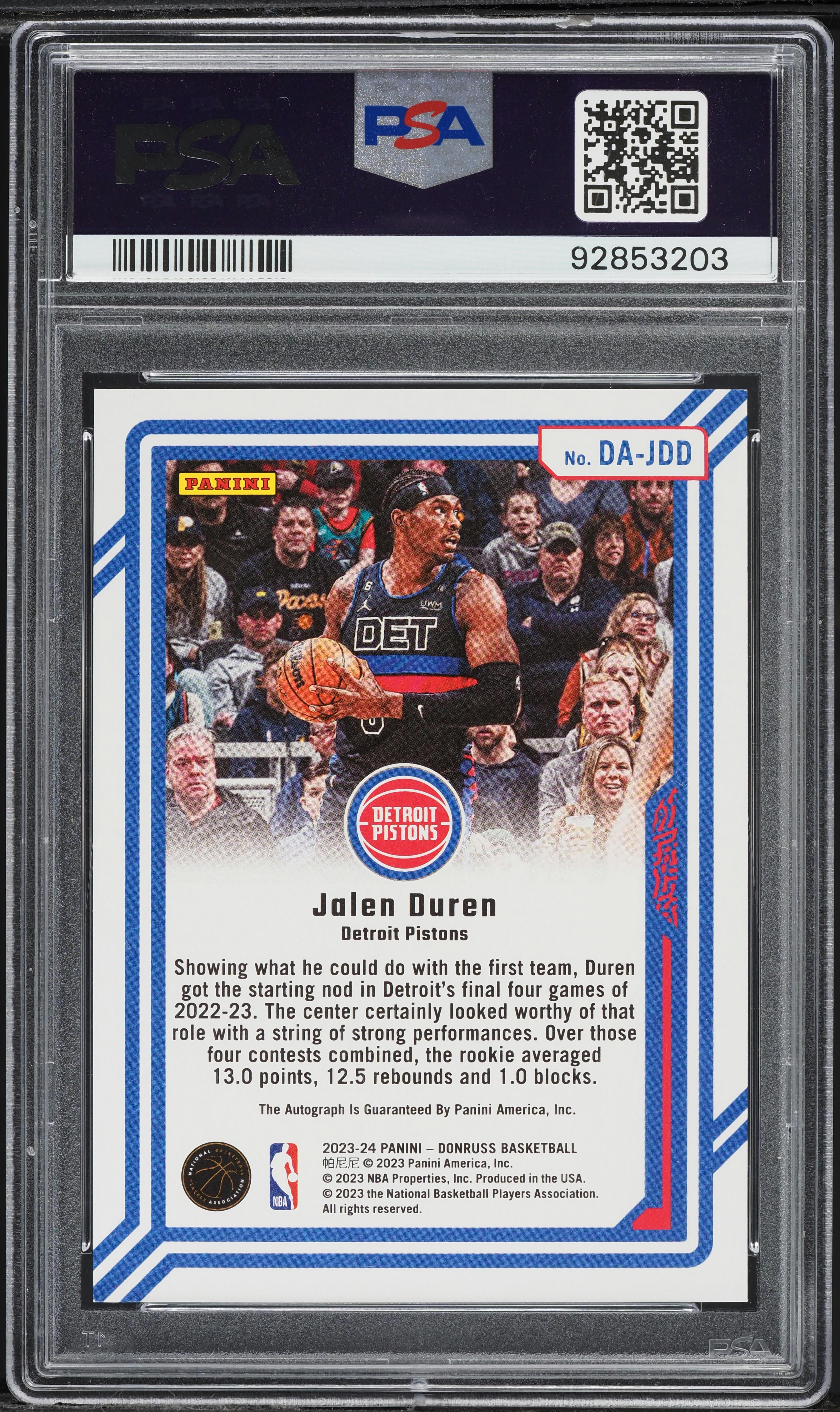 2023 Donruss Dominators Jalen Duren AUTO /99 #DAJDD PSA 9 MINT on