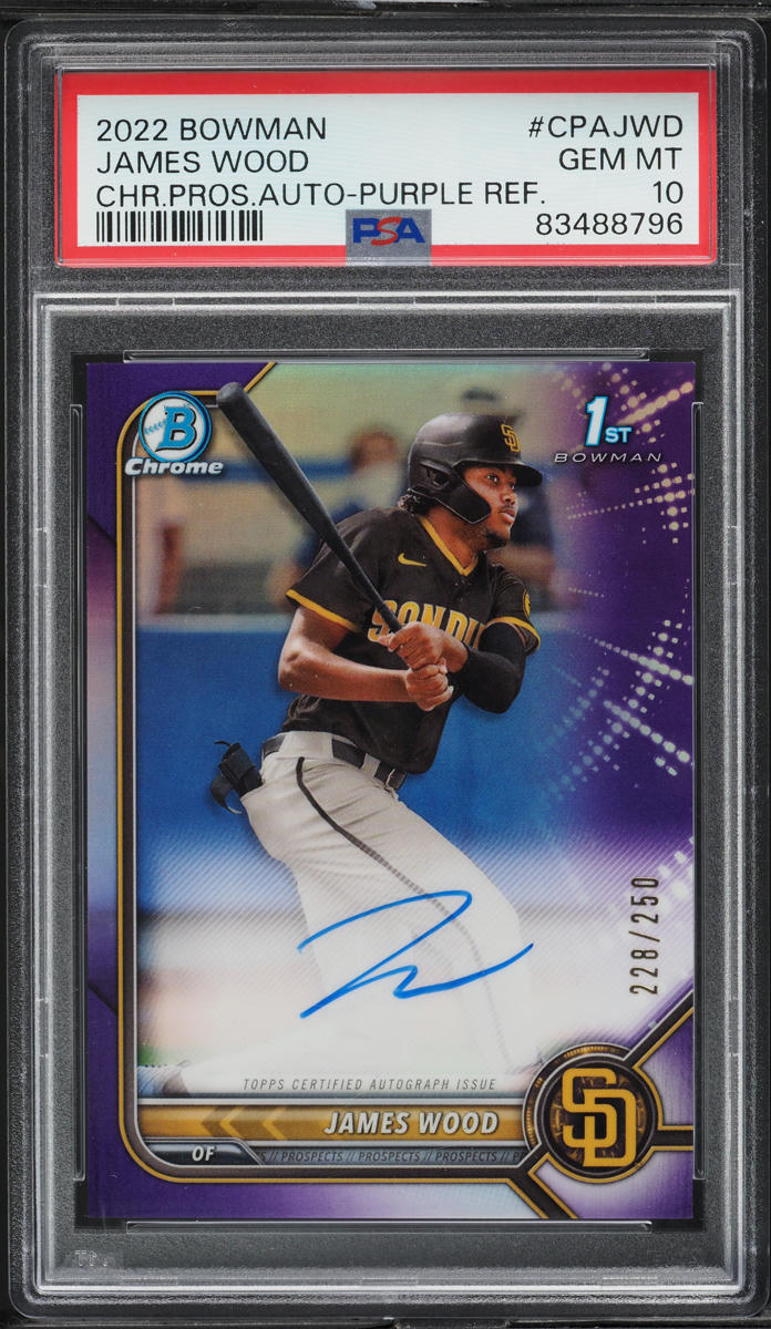 2022 Bowman Chrome Purple Refractor James Wood PROSPECT AUTO /250 PSA 10 GEM