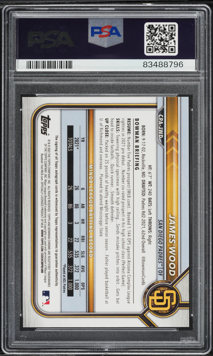 2022 Bowman Chrome Purple Refractor James Wood PROSPECT AUTO /250 PSA 10 GEM