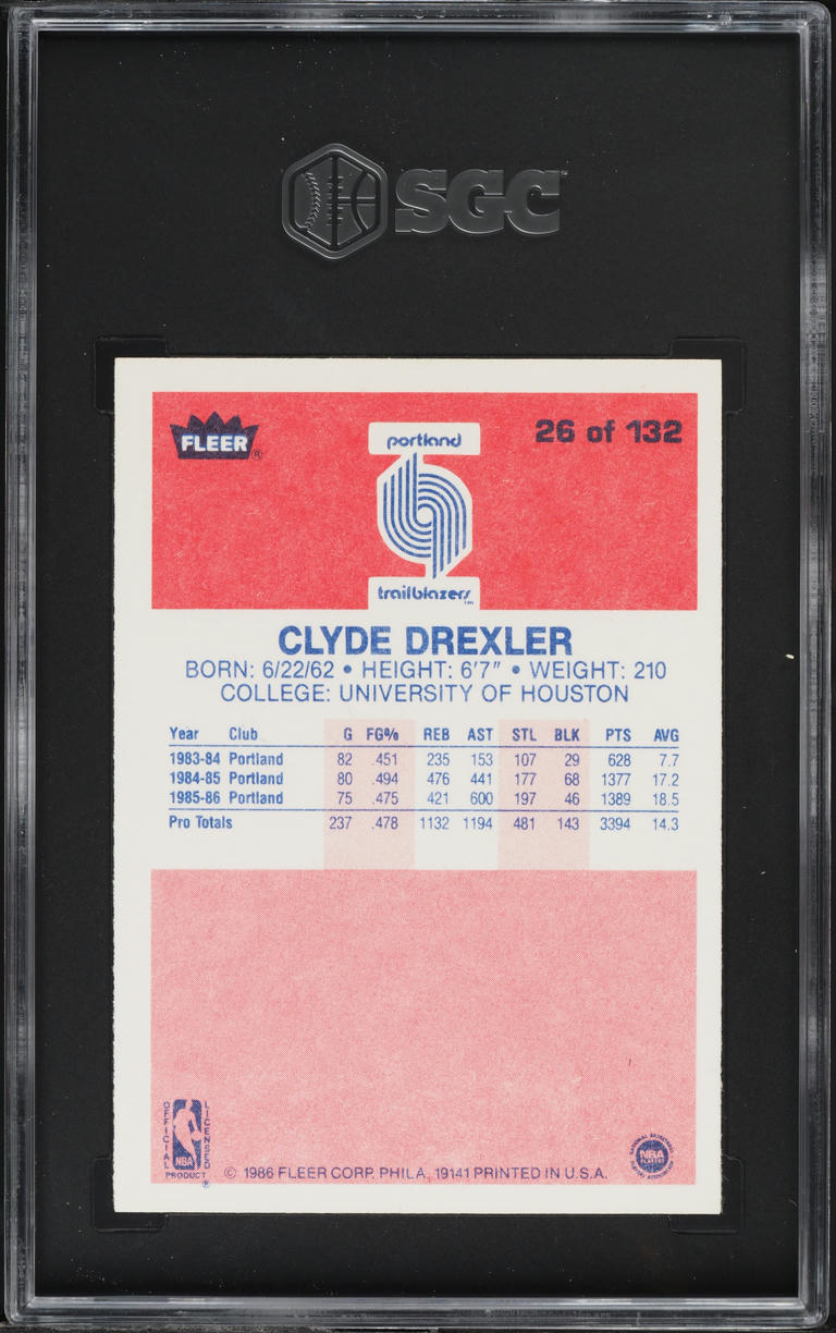 1986 Fleer Basketball Clyde Drexler ROOKIE #26 SGC 6 EXMT