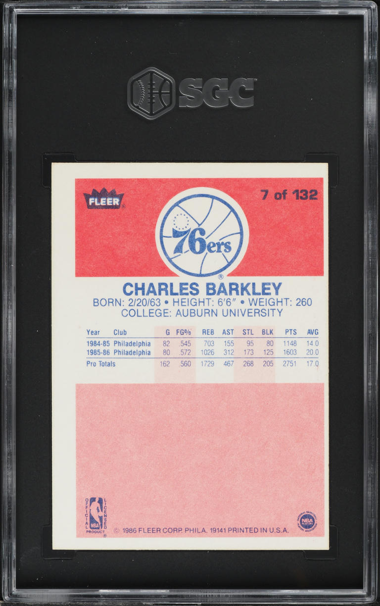 1986 Fleer Basketball Charles Barkley ROOKIE #7 SGC 5 EX