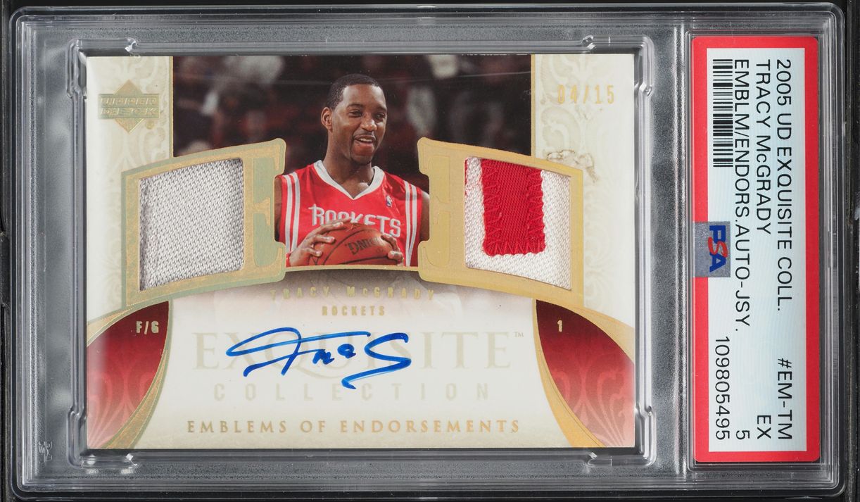 2005 Exquisite Collection Endorsements Tracy McGrady PATCH AUTO /15 #EM-TM PSA 5