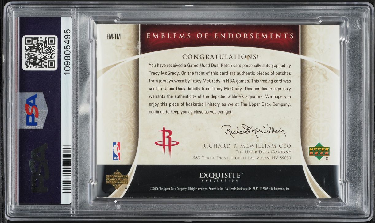 2005 Exquisite Collection Endorsements Tracy McGrady PATCH AUTO /15 #EM-TM PSA 5