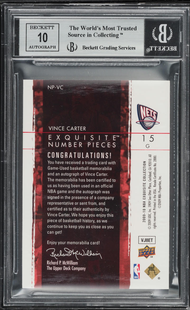 2009 Exquisite Collection Numbers Vince Carter PATCH AUTO /15 #NPVC BGS 9 MINT