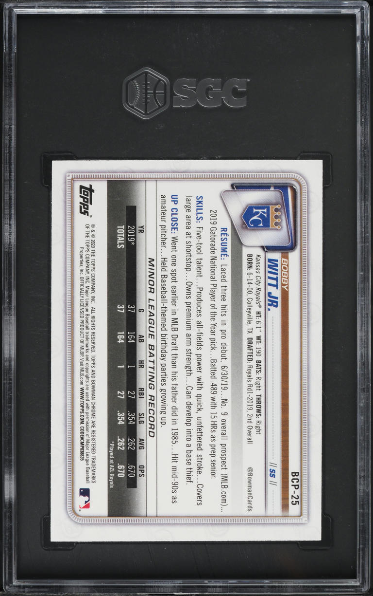 2020 Bowman Chrome Mega Box Bobby Witt Jr. PROSPECT #BCP-25 SGC 9 MINT