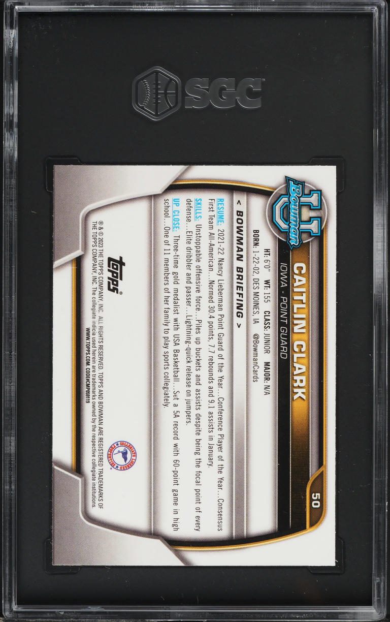2022 Bowman Chrome University Caitlin Clark ROOKIE #50 SGC 9 MINT