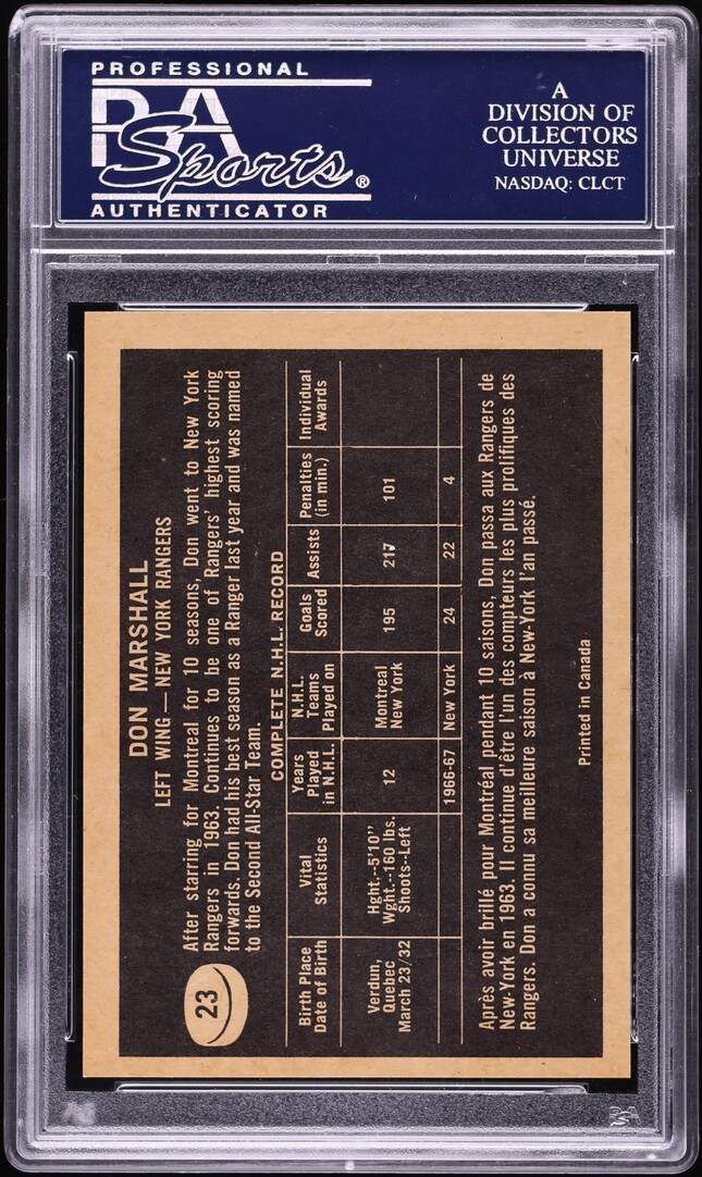 1967 Topps Hockey Don Marshall #23 PSA 8 NM-MT